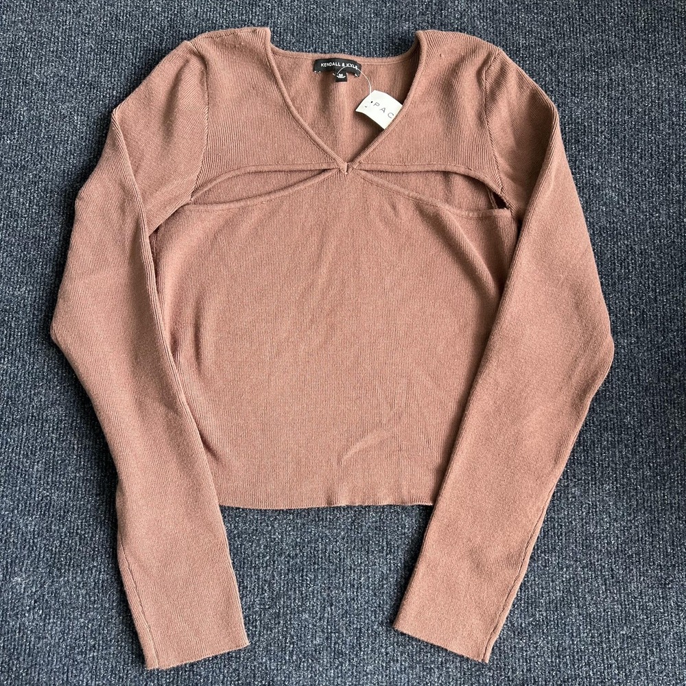 Kendall And Kylie Sweater Womens Medium Brown V Neck Cutout Knit Long Sleeve